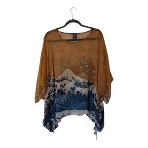 Cocoon House Rare Silk Artistic Blue Wave/Birds Women's Blouse/Poncho Style